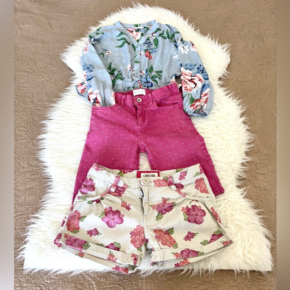 BUNDLE OF 3:Place Girls' Pink Polka Dot Shorts, Cherokee floral shorts, blouse 7